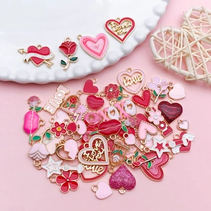 Pink heart and rose enamel charms with gold plating for Valentine jewelry DIY