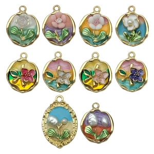 Set of 10 colorful enamel flower pendants with pearls for DIY jewelry making necklaces