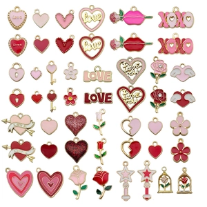 Pink heart and rose enamel charms set for Valentine's DIY jewelry making crafts