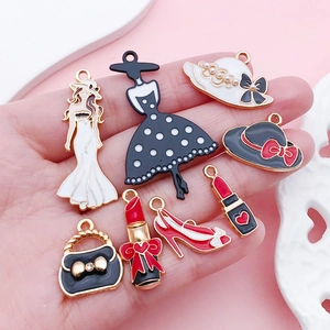 Set of 8 enamel charms including lipstick, shoes, and hats for DIY jewelry making