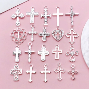 Bright Silver Zinc Alloy Cross Pendants Religious Retro Hollow Flower Heart Charms For DIY Necklace Keychain Jewelry Making