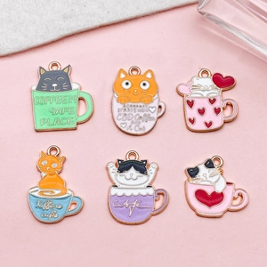 Cute Cartoon Cat Coffee Cup Enamel Alloy Pendants DIY Jewelry Making Supplies For Necklace Bracelet Keychain Women Gifts