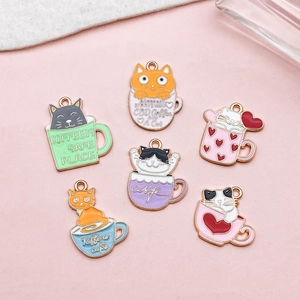 Set of 6 cute enamel cat in coffee cup charms for DIY necklace making and craft