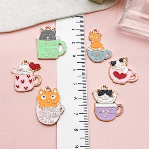 Set of 6 colorful cartoon tea cup cat alloy enamel charms for DIY jewelry making