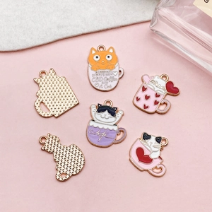 Cute cartoon tea cup cat alloy pendant charms for DIY handmade necklace jewelry crafts