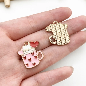 Detail of creative cartoon cat teacup charms showing front and back alloy textures