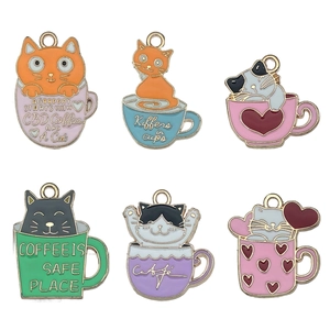 Set of six colorful cartoon cat in teacup enamel alloy pendants for DIY necklace jewelry