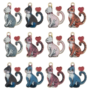 Set di 12 ciondoli gatto in lega con coda a cuore per la creazione di gioielli