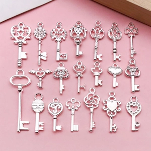 Vintage Silver Alloy Key Pendants DIY Jewelry Making Heart Wing Crown Flower Shape Charms For Necklace Bracelet Accessories