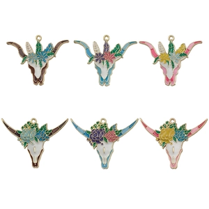 Set of 6 enamel flower bull skull pendants for DIY necklaces and crafts in western style