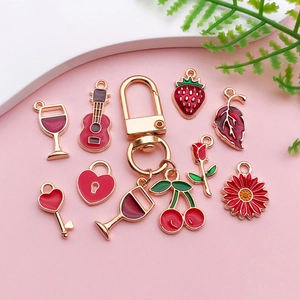 Handmade red cherry and strawberry alloy charms with gold lobster clasp for DIY jewelry