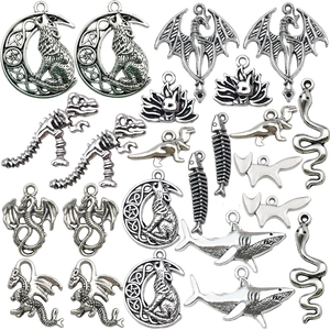 Lot de breloques animaux en argent antique avec loup, dragon et requin pour bijoux DIY