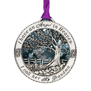 Silver tree of life memorial ornament with angel wings and Grandma remembrance text
