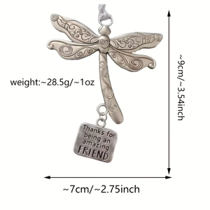 Friendship dragonfly ornament in vintage silver metal with heart engraving and plaque