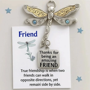 Friendship dragonfly metal ornament with blue gemstones and themed message card