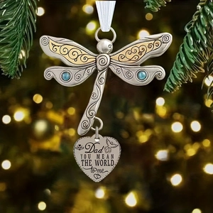 Detail of dragonfly ornament with blue rhinestones and Dad memorial heart charm