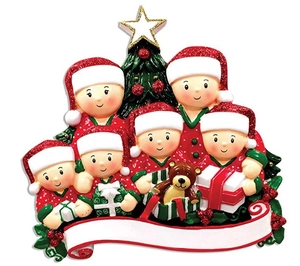 Close-up of personalized resin family of six Christmas ornament with white scroll for DIY names