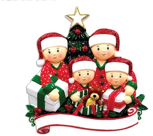 Christmas tree ornament featuring a family of four in red pajamas with customizable banner