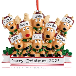 Family of 8 reindeer resin Christmas tree ornament with Merry Christmas 2025 banner