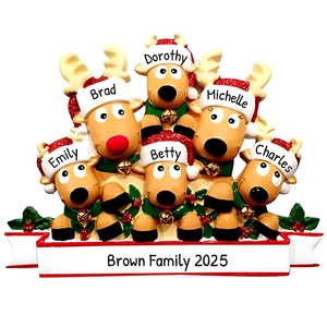 Customized family of 6 reindeer Christmas tree ornament made of durable resin