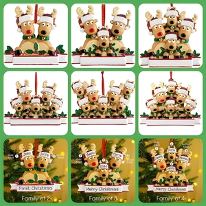 Christmas Reindeer Family Ornament Resin Deer Wearing Red Hat Blank Banner Hanging Xmas Tree Decor Festive Holiday Gift