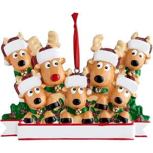 Close-up of seven reindeer resin ornaments with red hats and blank banner for names