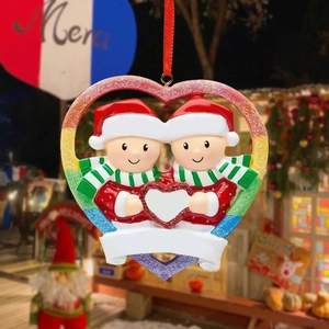 Custom heart-shaped Christmas ornament with two snowmen and rainbow frame for tree hanging