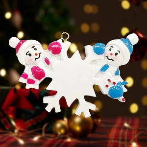 Customizable resin Christmas tree hanging with two cute snowmen and white snowflake
