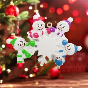 Resin Christmas ornament with four colorful snowmen around a snowflake for tree decor