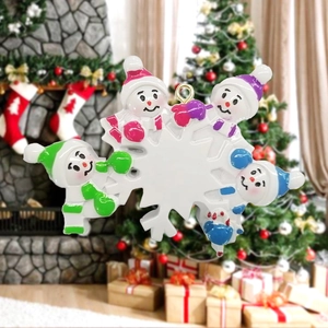Detailed view of four snowmen around a customizable white snowflake Christmas ornament