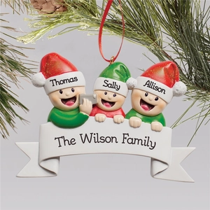 Custom 3-person Christmas family ornament with names on resin tree hanging