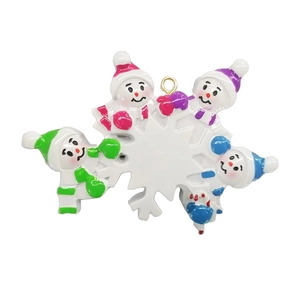 Detail view of customizable resin Christmas ornament featuring four snowmen around a snowflake