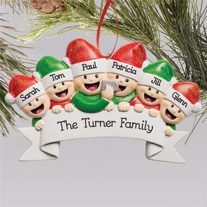 Custom 6-person family Christmas tree ornament with personalized names and red silk ribbon