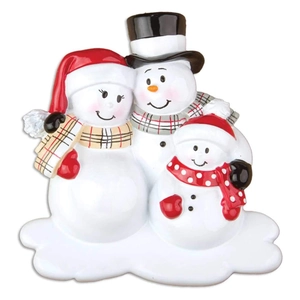 Handcrafted Christmas snowman family resin ornament with hats and scarves on snow base
