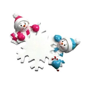 Customizable resin snowman Christmas ornament with white snowflake and metal hook