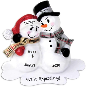 Detail of personalized snowman family ornament with custom names for Christmas