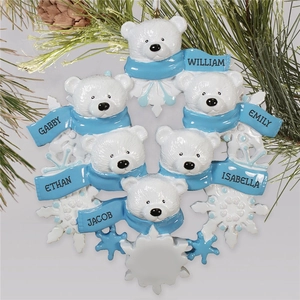 Family of six polar bears resin Christmas tree ornament with customizable names