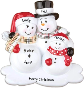 Macro detail of custom resin snowman family ornament with festive scarves and names