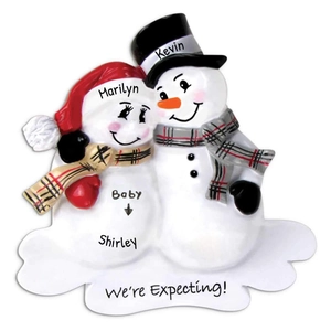 Customized snowman family Christmas tree ornament with hand-painted names on white background