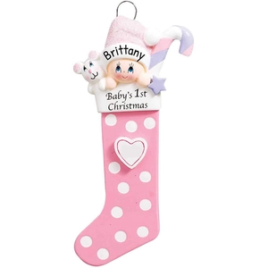 Personalized pink resin Christmas stocking ornament with cute baby face and bear