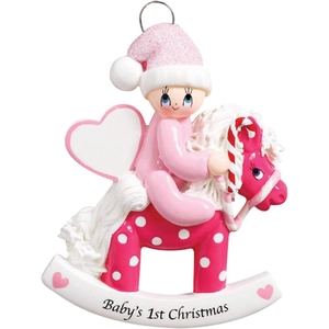 Baby's 1st Christmas pink rocking horse resin ornament with customizable heart tag