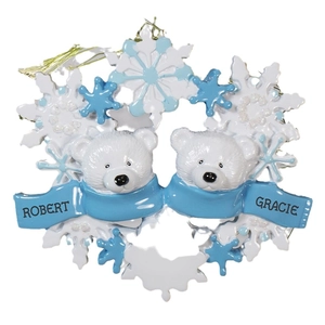 Custom resin Christmas polar bear couple hanging ornament with blue scarf and snowflakes