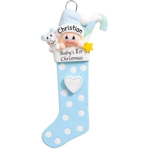 Blue resin Christmas stocking ornament for Baby's 1st Christmas with bear and star