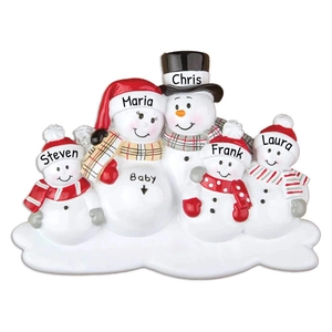 Custom snowman family of five Christmas tree ornament with personalized resin finish