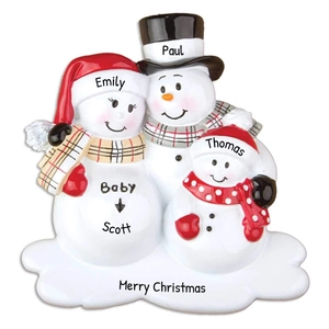 Customized snowman family Christmas tree ornament featuring personalized names and greeting