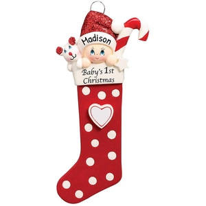 Personalized Resin Christmas Stocking Ornament Baby First Christmas Polka Dot Heart Hanging Decoration Festive Newborn Gift