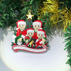 Christmas tree family of four resin pendant with blank banner for personalized names