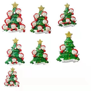 Collection of personalized family resin Christmas tree ornaments from two to eight members