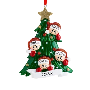 Detail of personalized 4-member family Christmas tree ornament with glitter star and names