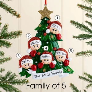 Detailed view of family of 5 personalized Christmas tree ornament with resin name tags